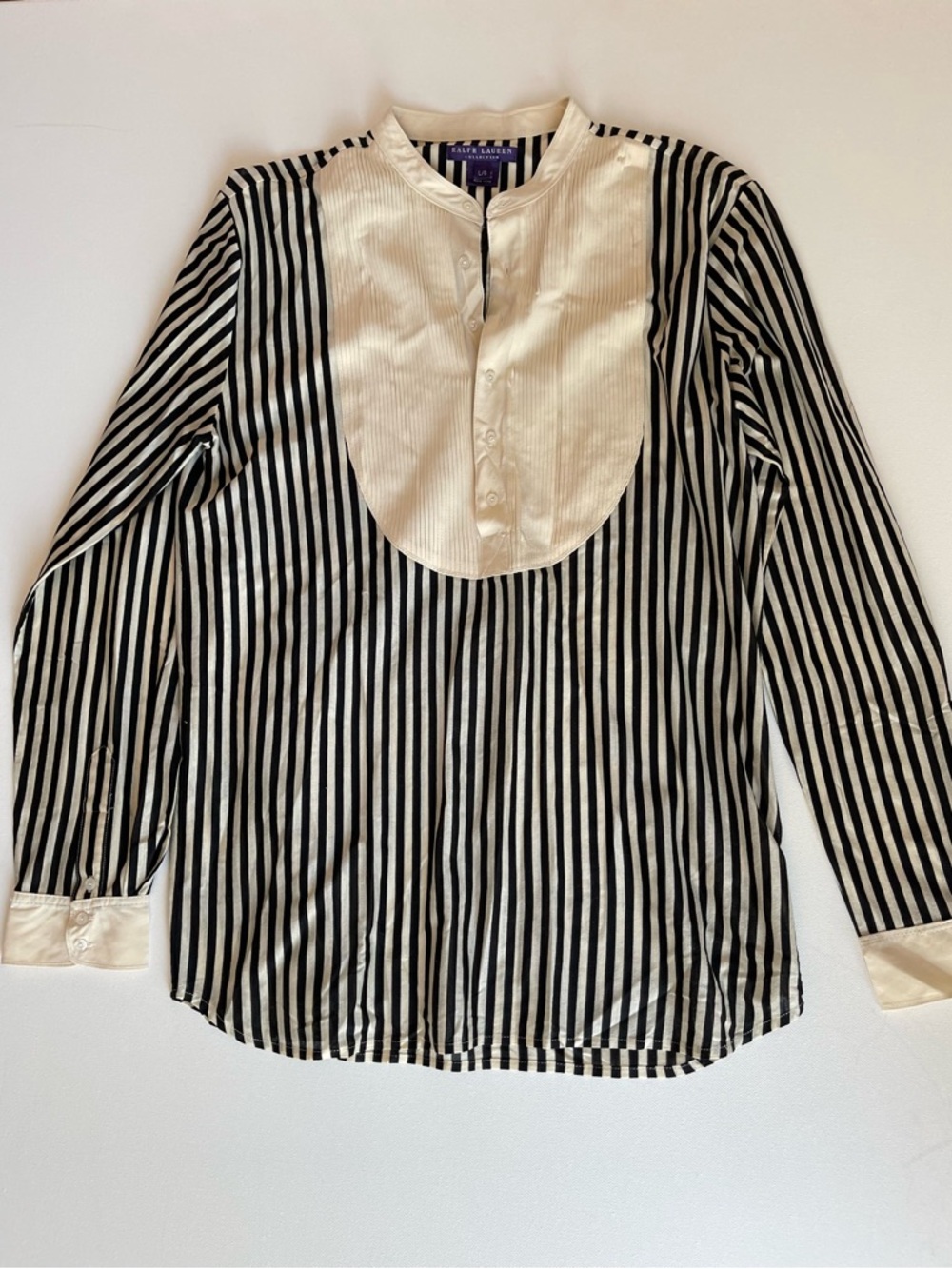 Ralph Lauren Purple Label Black & White Striped Bib Blouse
